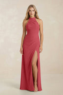 High Neck Chiffon Sheath Ruched Bridesmaid Dress in Merlot - KissProm Bridesmaid Dresses