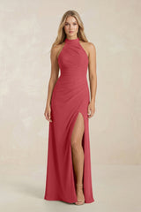 High Neck Chiffon Sheath Ruched Bridesmaid Dress in Merlot - KissProm Bridesmaid Dresses