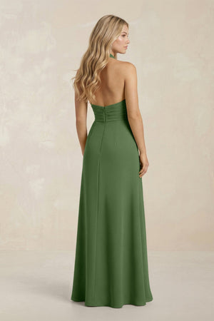 High Neck Chiffon Sheath Ruched Bridesmaid Dress in Moss - KissProm Bridesmaid Dresses