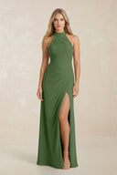 High Neck Chiffon Sheath Ruched Bridesmaid Dress in Moss - KissProm Bridesmaid Dresses