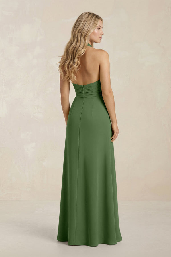 High Neck Chiffon Sheath Ruched Bridesmaid Dress in Moss - KissProm Bridesmaid Dresses