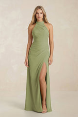 High Neck Chiffon Sheath Ruched Bridesmaid Dress in Moss Green - KissProm Bridesmaid Dresses