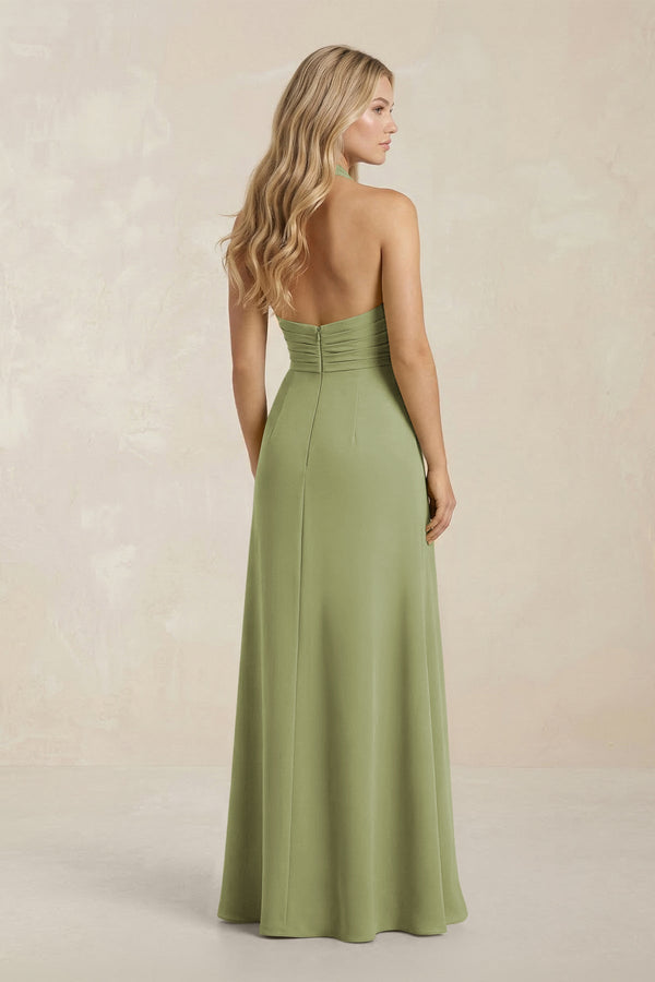 High Neck Chiffon Sheath Ruched Bridesmaid Dress in Moss Green - KissProm Bridesmaid Dresses