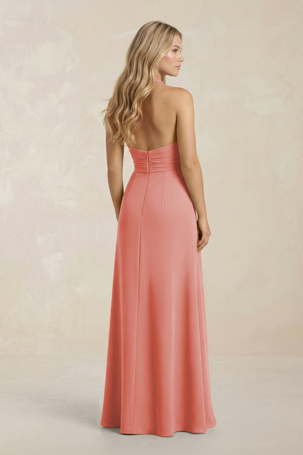 High Neck Chiffon Sheath Ruched Bridesmaid Dress in Mulberry - KissProm Bridesmaid Dresses