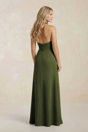 High Neck Chiffon Sheath Ruched Bridesmaid Dress in Olive - KissProm Bridesmaid Dresses