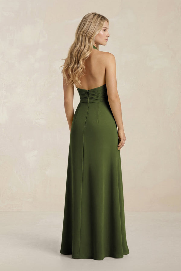 High Neck Chiffon Sheath Ruched Bridesmaid Dress in Olive - KissProm Bridesmaid Dresses
