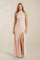 High Neck Chiffon Sheath Ruched Bridesmaid Dress in Pale Blush - KissProm Bridesmaid Dresses