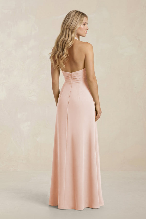 High Neck Chiffon Sheath Ruched Bridesmaid Dress in Pale Blush - KissProm Bridesmaid Dresses