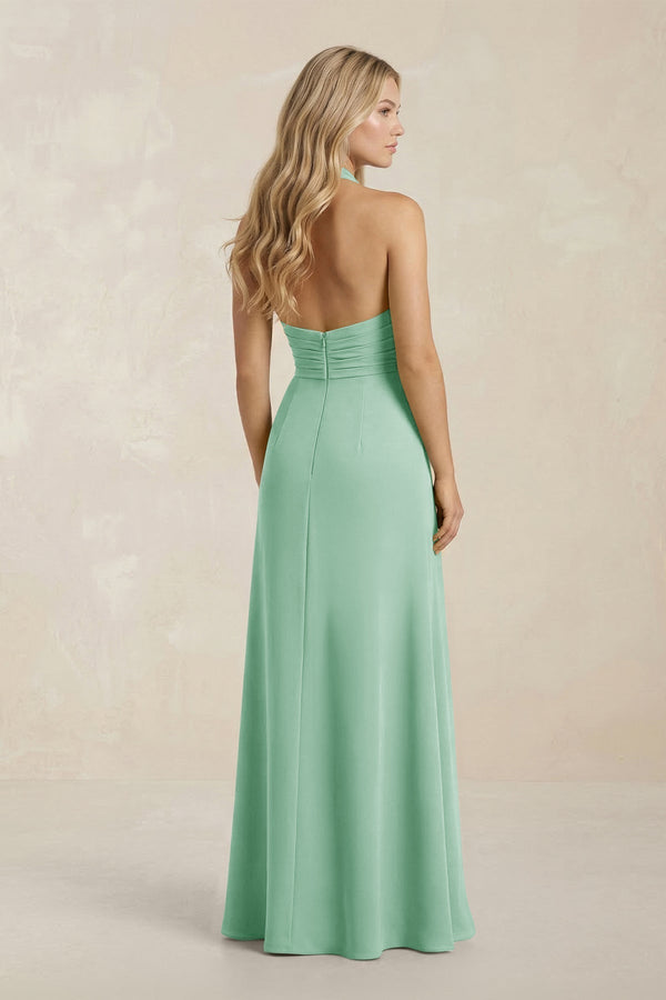 High Neck Chiffon Sheath Ruched Bridesmaid Dress in Pale Pistachio - KissProm Bridesmaid Dresses