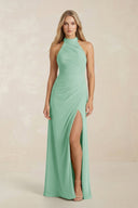 High Neck Chiffon Sheath Ruched Bridesmaid Dress in Pale Pistachio - KissProm Bridesmaid Dresses