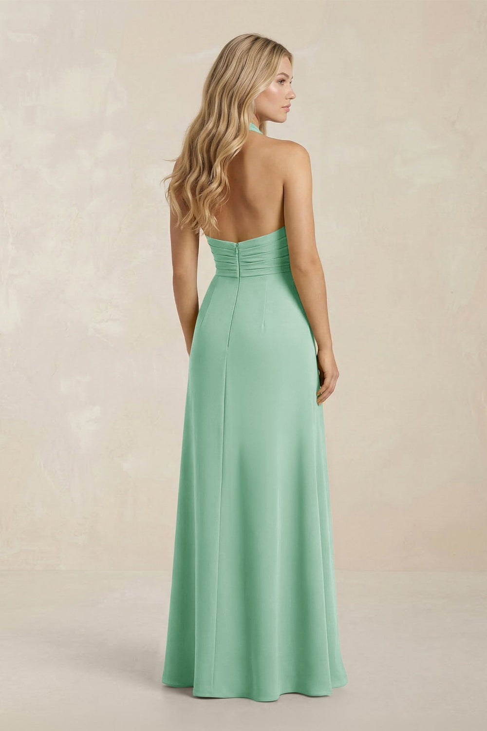 High Neck Chiffon Sheath Ruched Bridesmaid Dress in Pale Pistachio - KissProm Bridesmaid Dresses