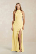 High Neck Chiffon Sheath Ruched Bridesmaid Dress in Pastel Yellow - KissProm Bridesmaid Dresses