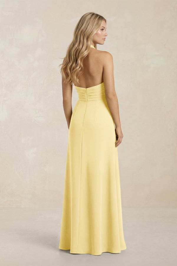 High Neck Chiffon Sheath Ruched Bridesmaid Dress in Pastel Yellow - KissProm Bridesmaid Dresses