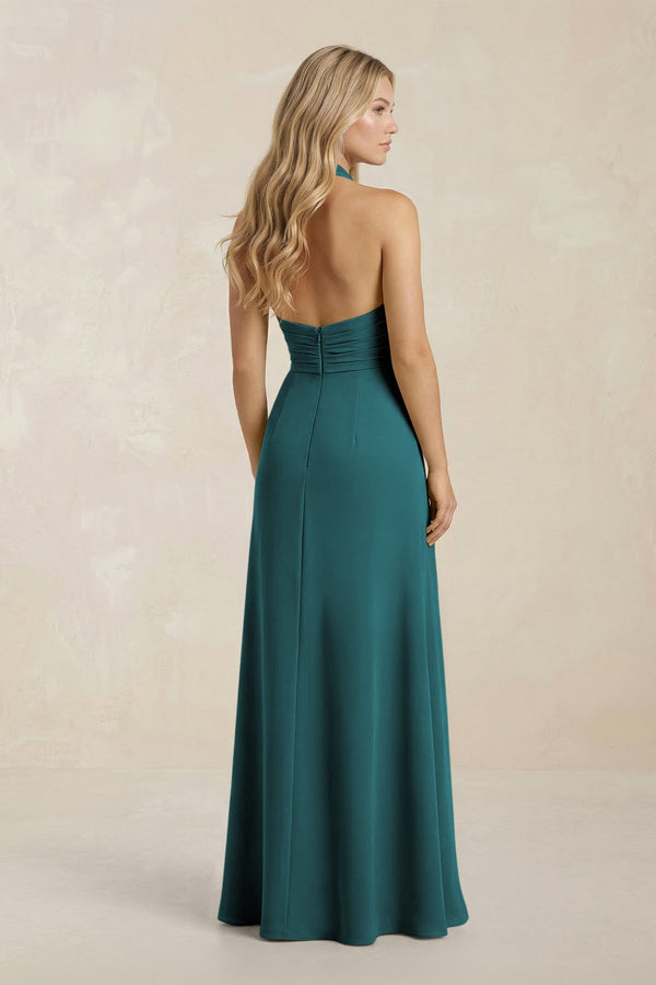 High Neck Chiffon Sheath Ruched Bridesmaid Dress in Pine - KissProm Bridesmaid Dresses