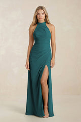 High Neck Chiffon Sheath Ruched Bridesmaid Dress in Pine - KissProm Bridesmaid Dresses