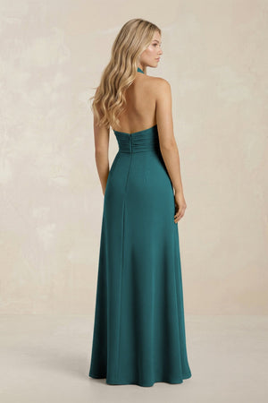 High Neck Chiffon Sheath Ruched Bridesmaid Dress in Pine - KissProm Bridesmaid Dresses