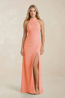 High Neck Chiffon Sheath Ruched Bridesmaid Dress in Rosette - KissProm Bridesmaid Dresses