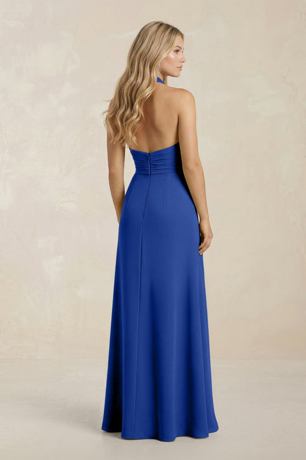 High Neck Chiffon Sheath Ruched Bridesmaid Dress in Royal Blue - KissProm Bridesmaid Dresses
