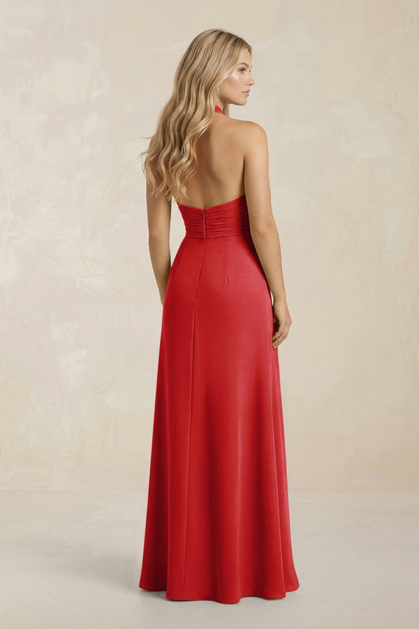 High Neck Chiffon Sheath Ruched Bridesmaid Dress in Ruby Red - KissProm Bridesmaid Dresses