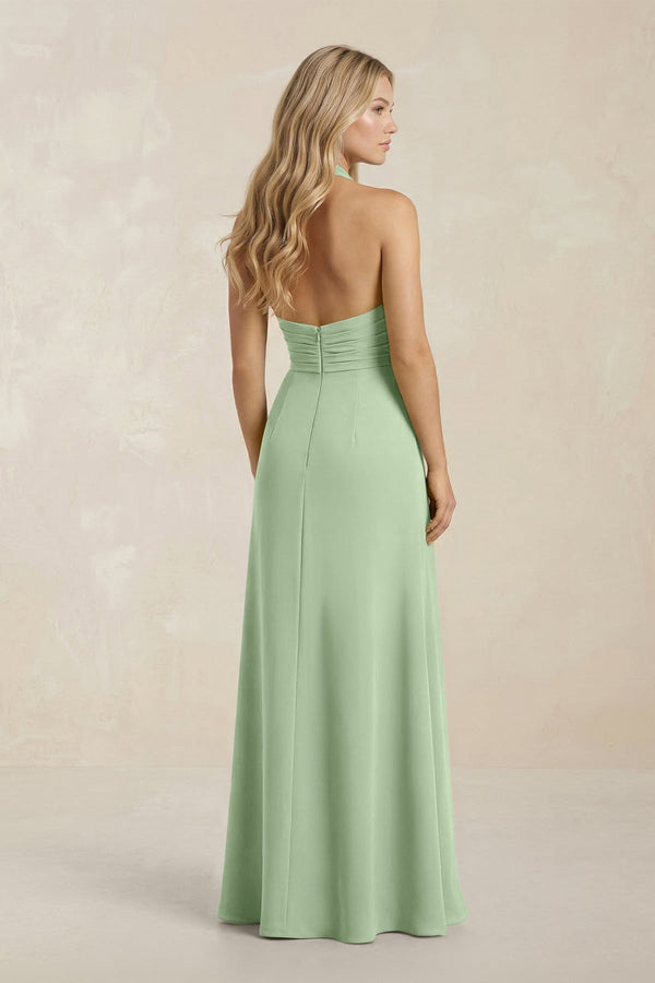 High Neck Chiffon Sheath Ruched Bridesmaid Dress in Sage - KissProm Bridesmaid Dresses