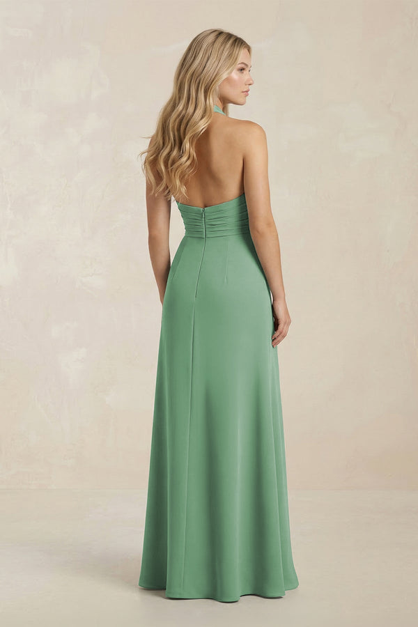 High Neck Chiffon Sheath Ruched Bridesmaid Dress in Sea Glass - KissProm Bridesmaid Dresses