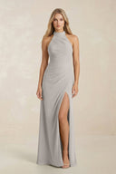 High Neck Chiffon Sheath Ruched Bridesmaid Dress in Silver - KissProm Bridesmaid Dresses