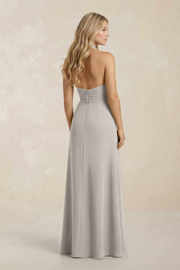 High Neck Chiffon Sheath Ruched Bridesmaid Dress in Silver - KissProm Bridesmaid Dresses