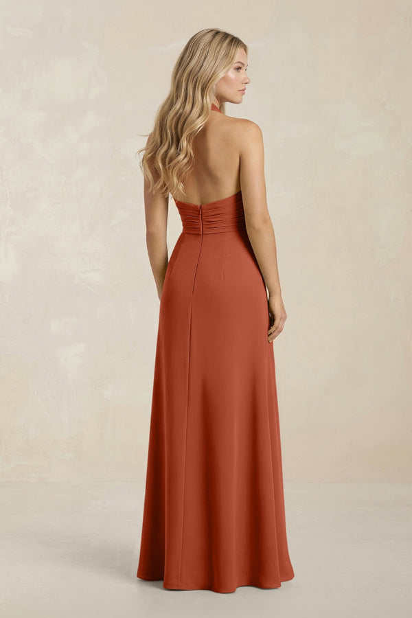 High Neck Chiffon Sheath Ruched Bridesmaid Dress in Spice - KissProm Bridesmaid Dresses