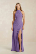 High Neck Chiffon Sheath Ruched Bridesmaid Dress in Tahiti - KissProm Bridesmaid Dresses