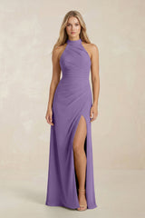 High Neck Chiffon Sheath Ruched Bridesmaid Dress in Tahiti - KissProm Bridesmaid Dresses