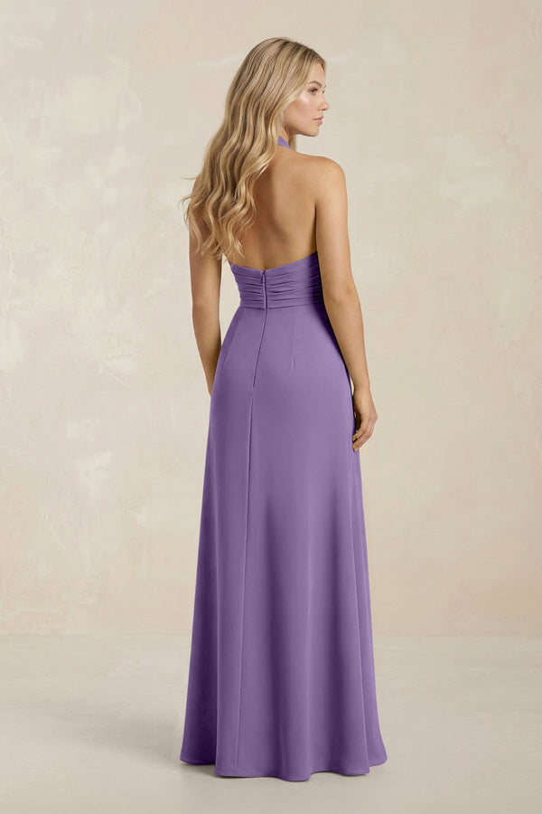 High Neck Chiffon Sheath Ruched Bridesmaid Dress in Tahiti - KissProm Bridesmaid Dresses