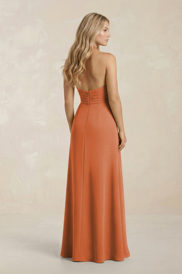 High Neck Chiffon Sheath Ruched Bridesmaid Dress in Terracotta - KissProm Bridesmaid Dresses