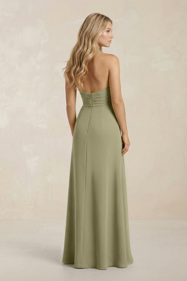 High Neck Chiffon Sheath Ruched Bridesmaid Dress in Thyme - KissProm Bridesmaid Dresses
