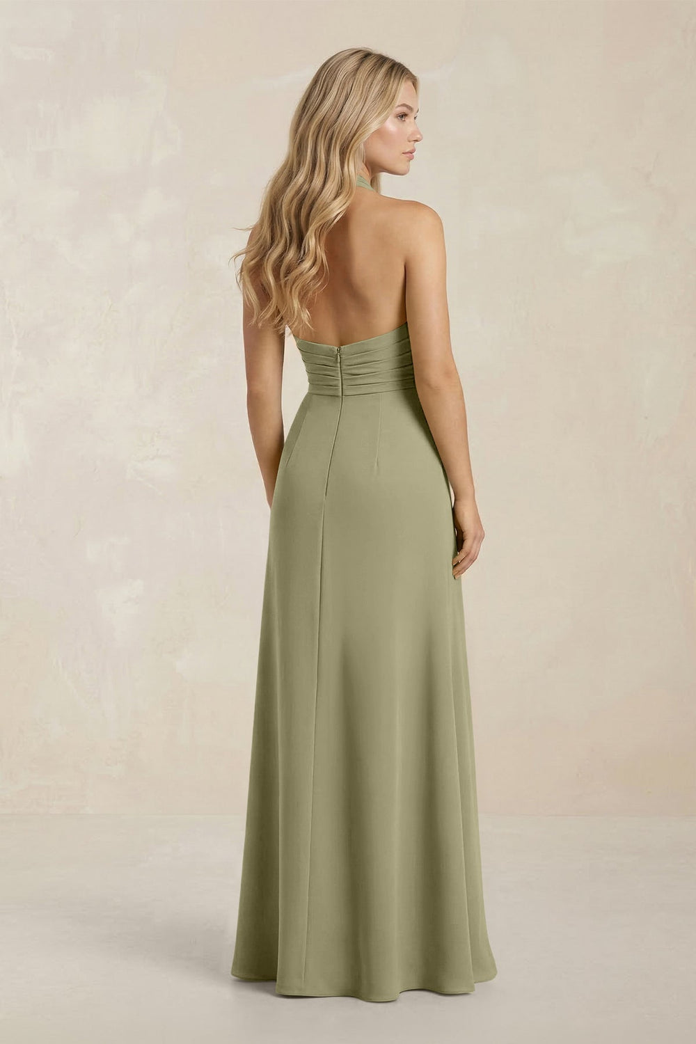 High Neck Chiffon Sheath Ruched Bridesmaid Dress in Thyme - KissProm Bridesmaid Dresses