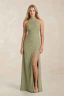 High Neck Chiffon Sheath Ruched Bridesmaid Dress in Thyme - KissProm Bridesmaid Dresses