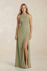 High Neck Chiffon Sheath Ruched Bridesmaid Dress in Thyme - KissProm Bridesmaid Dresses