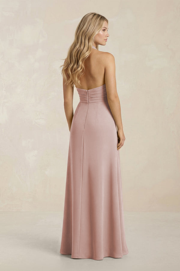 High Neck Chiffon Sheath Ruched Bridesmaid Dress in Toffee - KissProm Bridesmaid Dresses