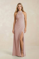 High Neck Chiffon Sheath Ruched Bridesmaid Dress in Toffee - KissProm Bridesmaid Dresses