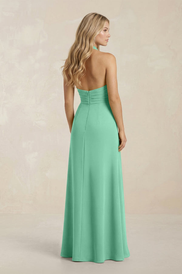 High Neck Chiffon Sheath Ruched Bridesmaid Dress in Turquoise - KissProm Bridesmaid Dresses
