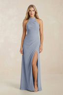 High Neck Chiffon Sheath Ruched Bridesmaid Dress in Twilight - KissProm Bridesmaid Dresses