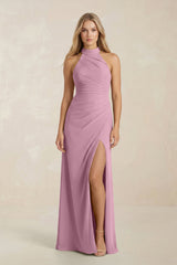 High Neck Chiffon Sheath Ruched Bridesmaid Dress in Vintage Mauve - KissProm Bridesmaid Dresses