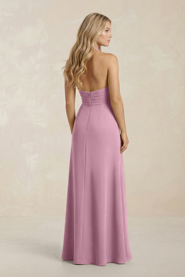 High Neck Chiffon Sheath Ruched Bridesmaid Dress in Vintage Mauve - KissProm Bridesmaid Dresses