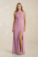 High Neck Chiffon Sheath Ruched Bridesmaid Dress in Vintage Mauve - KissProm Bridesmaid Dresses