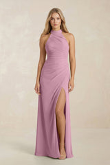 High Neck Chiffon Sheath Ruched Bridesmaid Dress in Vintage Mauve - KissProm Bridesmaid Dresses