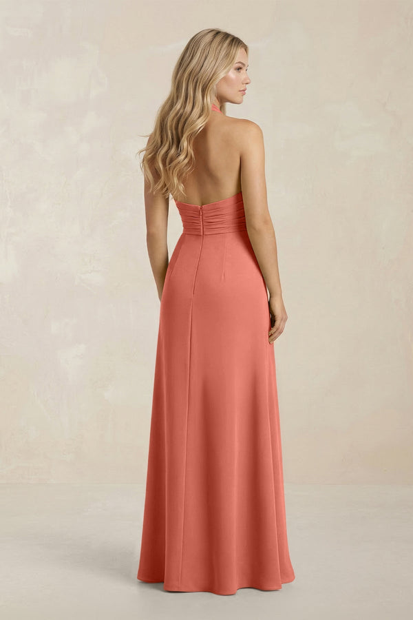 High Neck Chiffon Sheath Ruched Bridesmaid Dress in Wild Rose - KissProm Bridesmaid Dresses