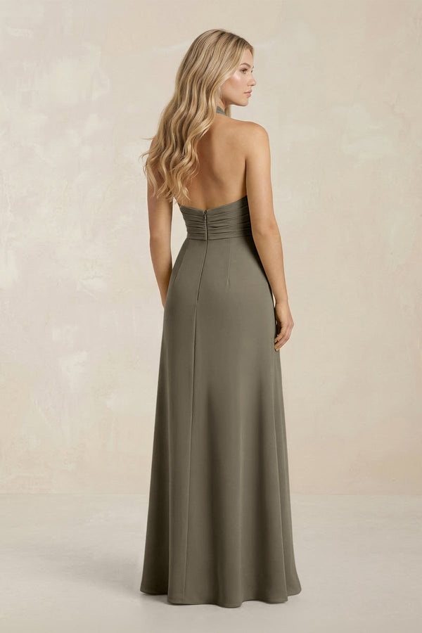 High Neck Chiffon Sheath Ruched Bridesmaid Dress in Willow Green - KissProm Bridesmaid Dresses