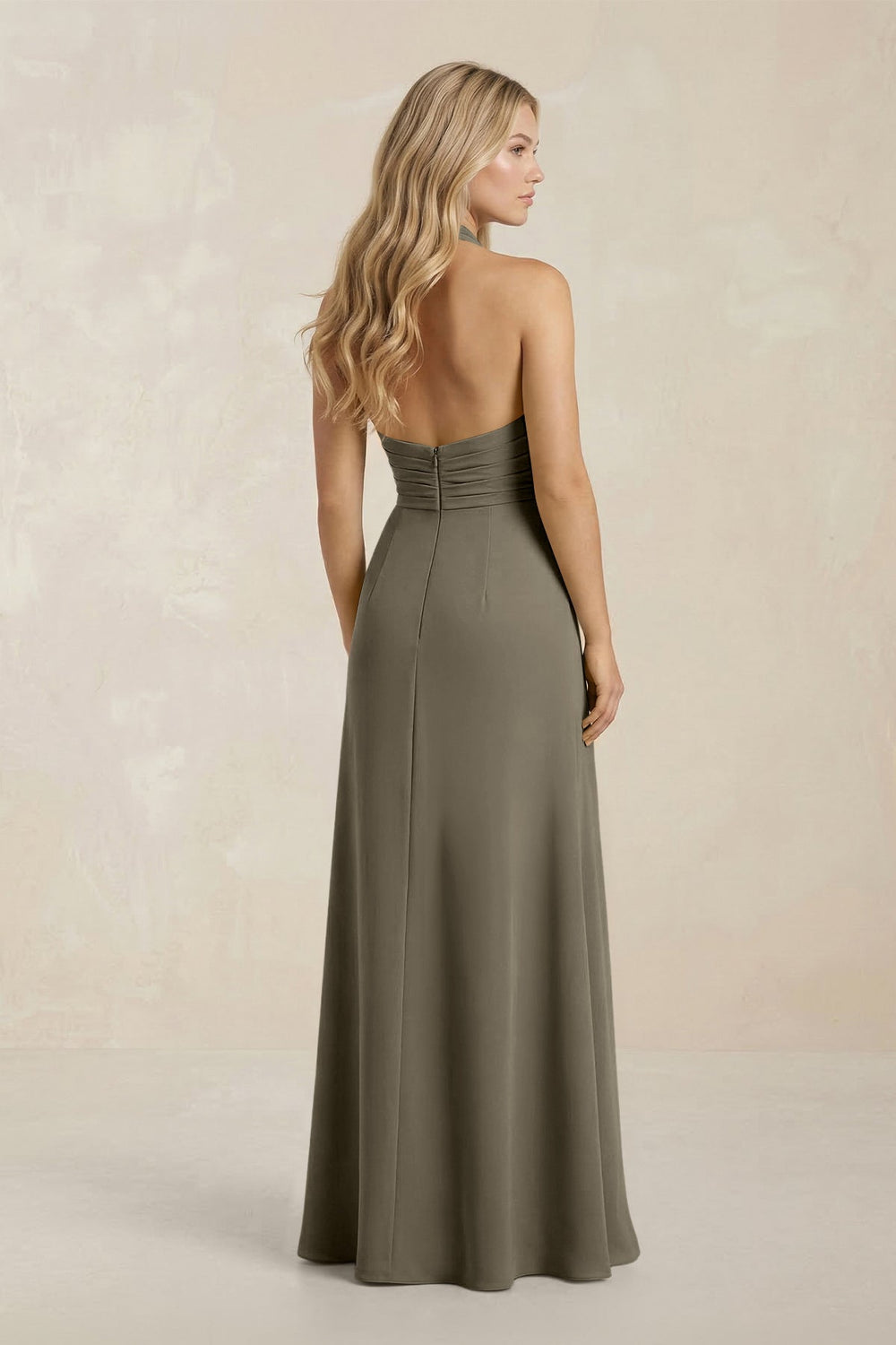 High Neck Chiffon Sheath Ruched Bridesmaid Dress in Willow Green - KissProm Bridesmaid Dresses