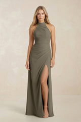 High Neck Chiffon Sheath Ruched Bridesmaid Dress in Willow Green - KissProm Bridesmaid Dresses
