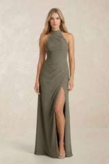 High Neck Chiffon Sheath Ruched Bridesmaid Dress in Willow Green - KissProm Bridesmaid Dresses