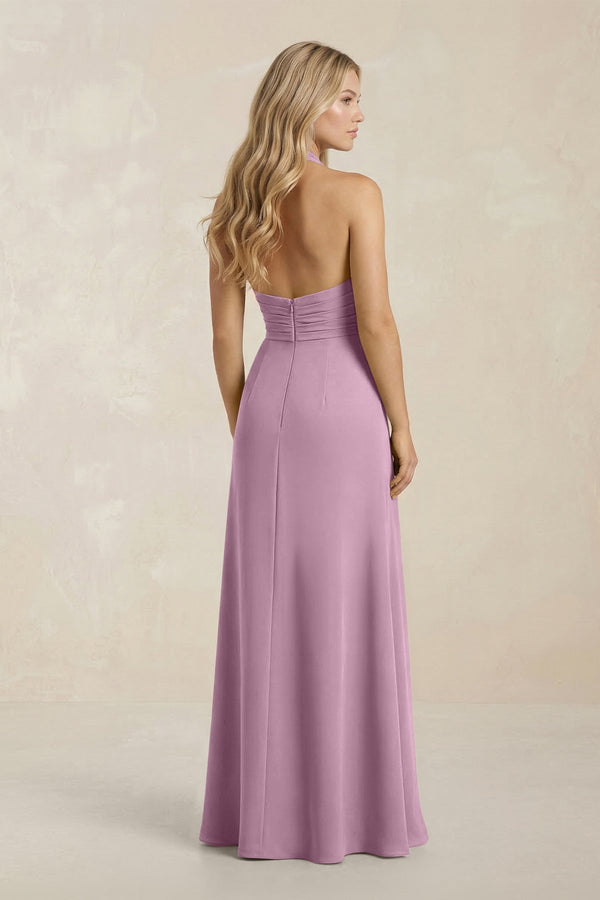High Neck Chiffon Sheath Ruched Bridesmaid Dress in Wisteria - KissProm Bridesmaid Dresses